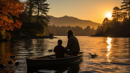 A peaceful scene captures a father and son fishing in a boat on Ashokan Lake at sunset, surrounded by autumn foliage and calm waters.の素材