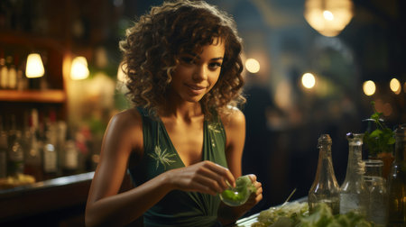 An African female bartender effortlessly mixes a cocktail using fresh ingredients in a cozy, dimly lit bar setting.の素材