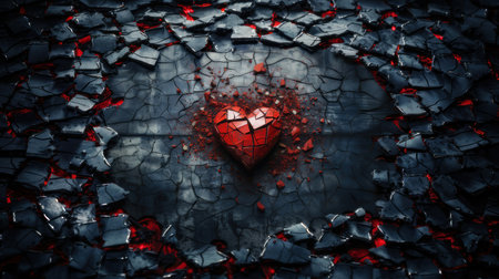 A vivid image portraying heartbreak with a broken heart at the center of shattered pieces symbolizing separation and emotional pain.の素材