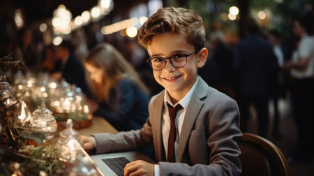 A young boy wearing a suit and glasses is smiling while using a laptop in a warmly lit room filled with people.の素材