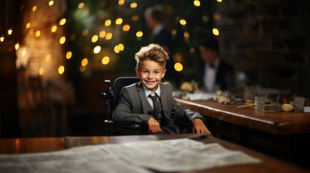 Smiling young boy in a wheelchair, dressed in a suit, enjoying a festive occasion in a warm, lit hall with bokeh lights.の素材