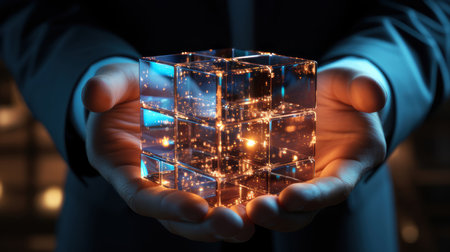 Close-up of a businessman's hands holding an illuminated glass cube, symbolizing innovation, technology, and futuristic concepts.の素材