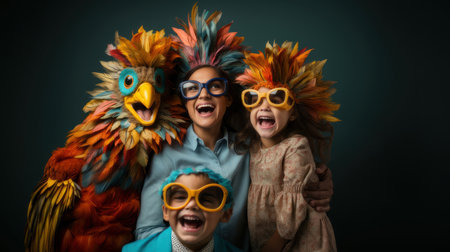 Smiling family wearing colorful feathered costumes and funny glasses, sharing joyful moments and laughter against a dark background.の素材