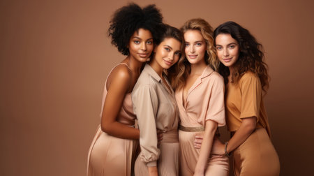A diverse group of four women friends embracing and smiling, showcasing friendship, beauty, and natural diversity in a studio setting.の素材