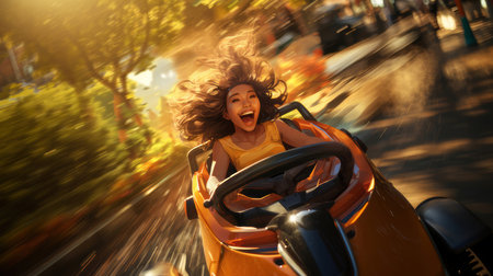 A joyful young woman having fun and experiencing thrill while riding an electric bumper car in an amusement park. The image captures the excitement and enjoyment.の素材