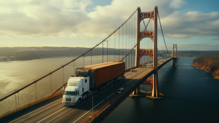 High-angle shot of a white cargo truck traversing an iconic suspension bridge over a river with scenic views in the background.の素材