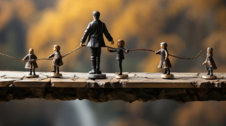 Miniature businessman leading a team across a precarious ledge, symbolizing leadership, teamwork, and challenging journeys in business.の素材