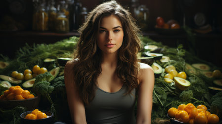 Portrait of a beautiful woman amidst fresh vegetables and fruits in a rustic setting, exuding natural beauty and health.の素材