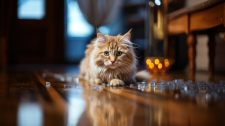 A fluffy cat relaxing on a shiny wooden floor with warm lighting and reflections. The cozy indoor setting highlights the tranquility and charm of the feline.の素材