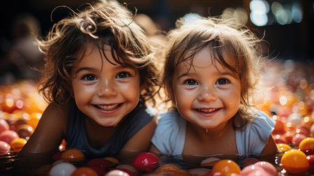 Two adorable children smiling joyfully while playing in a vibrant sponge ball pool, capturing the essence of childhood happiness and playful fun.の素材