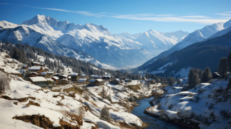 Scenic alpine village nestled in a snowy mountain landscape with clear skies. Picturesque winter wonderland showcasing natural beauty and peaceful rural life.の素材