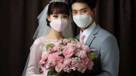 A bride and groom wearing masks hold a bouquet of flowers during their wedding ceremony, representing love and safety during the pandemic.の素材