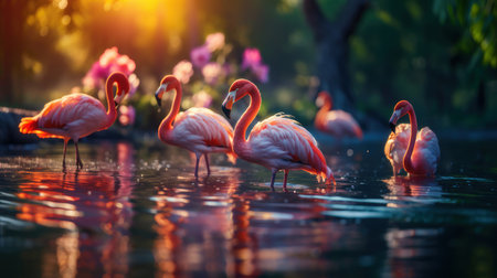 A group of American flamingos wading in calm water surrounded by vibrant flowers, illuminated by the warm glow of the golden hour sunset.の素材