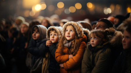 A group of elementary school children in winter coats watching an outdoor event with curiosity and awe.の素材