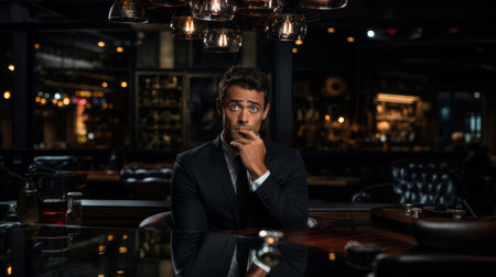 Businessman in formal attire contemplating in a modern, stylish restaurant setting. Mood is reflective and the ambiance sophisticated.の素材