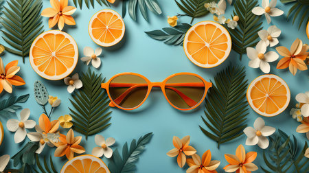 Vibrant summer-themed background featuring orange sunglasses, tropical leaves, flowers, and citrus slices on a blue backdrop, evoking a fresh and fun summer vibe.の素材