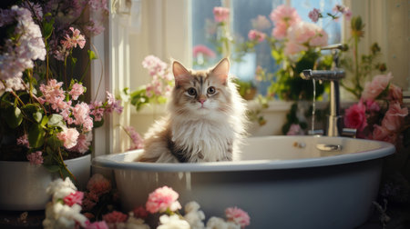 A fluffy cat sitting in a bathtub surrounded by beautiful pink and white flowers in a sunlit bathroom, creating a peaceful and charming scene.の素材