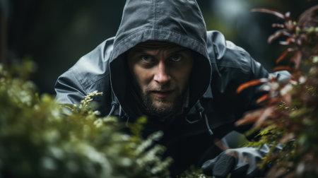 Overhead view of a thief wearing a hooded sweatshirt, sneaking and stealing in a garden setting. An image depicting criminal behavior and stealth.の素材