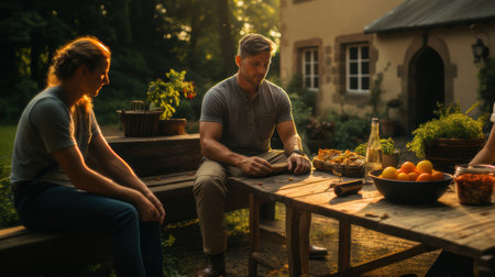 Two friends share a tranquil meal in a beautiful garden setting. The sunlit scene includes a rustic table with fresh fruits and bread.の素材