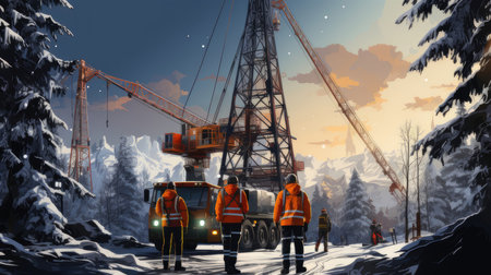Construction workers communicate on-site with cranes in a scenic winter landscape, surrounded by snowy trees and mountains under a beautiful sunset sky.の素材