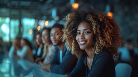 A diverse group of young businesspeople engaged in a positive and focused discussion at a modern, well-lit office.の素材