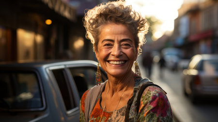 A cheerful senior woman smiling at the camera on a sunny day in the city, exuding warmth and positivity.の素材