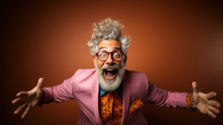 Senior man with a wild expression, wearing a pink blazer and colorful shirt, showing excitement and happiness against a brown background.の素材