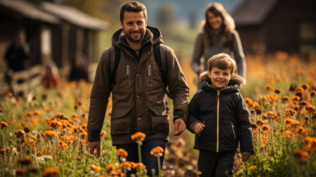 Joyful family walking through beautiful flower field in the countryside, enjoying quality time together surrounded by nature.の素材
