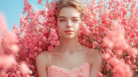 A stunning young woman in a pink dress is surrounded by vibrant pink flowers, embodying beauty and tranquility under a clear, sunny sky.の素材