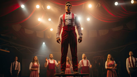 Group of circus performers in vibrant costumes stand under bright lights during a dramatic acrobatic performance, showcasing skill and elegance.の素材