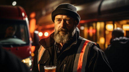 Employer performing alcohol check on driver at night, ensuring safety and responsibility. Safety gear and reflective vest indicate official duty.の素材