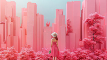 Woman in a pink dress with hat standing in a surreal pink cityscape, surrounded by blooming pink trees and skyscrapers.の素材