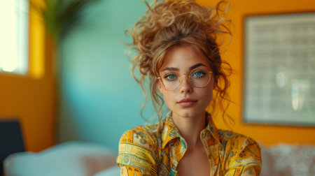 Close-up portrait of a young woman with glasses, curly hair, in a colorful room wearing a patterned shirt.の素材