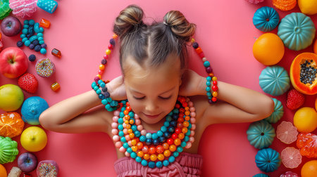 Young girl creating beaded jewelry, surrounded by colorful sweets and fruits on a vibrant pink background. Creative and playful scene.の素材