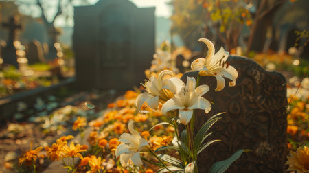 White lilies bloom near a granite tombstone in a peaceful cemetery setting during autumn. The warm light and flowers convey serenity and remembrance.の素材