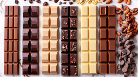 Top view of various chocolate bars surrounded by cocoa beans, chocolate chips, and nuts on a white background. Perfect for showcasing chocolate variety and confectionery.の素材