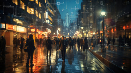 Busy urban street scene at night with people walking, colorful lights, and visible surveillance technology overlay showcasing modern city security measures.の素材