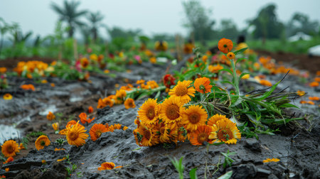 Orange flowers scattered on a grave in an outdoor setting, symbolizing respect and remembrance during a funeral ceremony.の素材