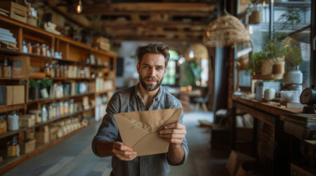 Close up of a young man holding and looking at a greeting card in a cozy, well-organized store with warm lighting.の素材
