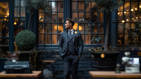 A confident businessman in a stylish suit is posing outdoors against an elegant backdrop, showcasing sophistication and professionalism.の素材