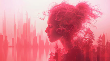 Abstract creative artwork featuring a woman's silhouette blending with an urban forest collage in vibrant red tones, symbolizing harmony between nature and urban life.の素材