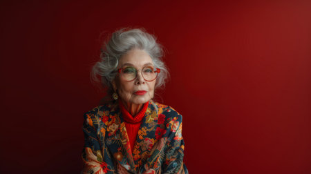 Fashionable elderly woman wearing stylish eyeglasses and colorful attire, posing against a bold red background, showcasing elegance and confidence.の素材