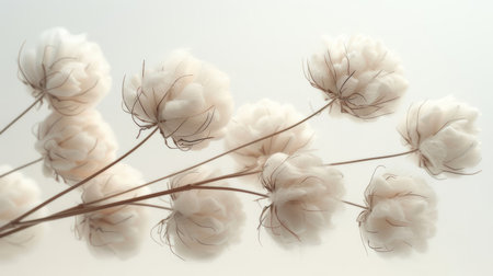 Beautiful fluffy cotton flowers isolated on a white background presenting a calm and serene setting with simple elegance.の素材