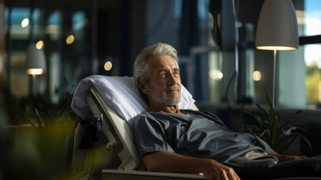 Senior patient rests comfortably in a hospital bed, looking peaceful while sunlight filters into the room. The scene exudes calm and recovery.の素材