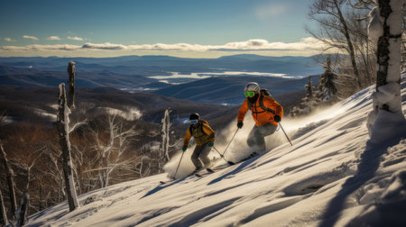 Two friends skiing down a snowy slope at Hunter Mountain with a stunning winter landscape in the background. Clear skies and frosty trees add a serene touch to the scene.の素材