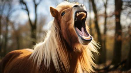 Funny portrait of a brown horse with a white stripe outdoors, standing in a forest while neighing, showcasing its teeth and capturing a humorous moment in nature.の素材