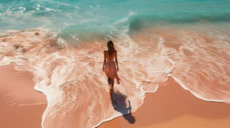 A woman enjoys a peaceful moment walking along a stunning sandy beach as gentle waves roll in. Perfect for concepts of relaxation, beauty, and tranquility.の素材