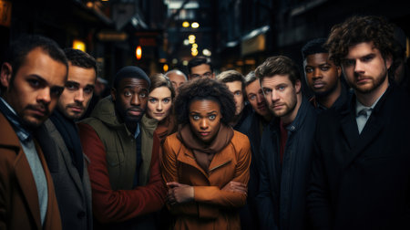 Diverse group of individuals standing together with suspicious and curious expressions in an urban, dimly lit setting. Captures mystery, curiosity, and intrigue.の素材