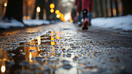 Marathon athletes compete on a snowy path, with ice and puddles reflecting the lights. Captures the essence of fitness and endurance.の素材