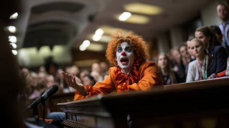 A clown in full costume and makeup delivering a speech in a packed courtroom, representing justice, courtroom drama, and public speaking.の素材